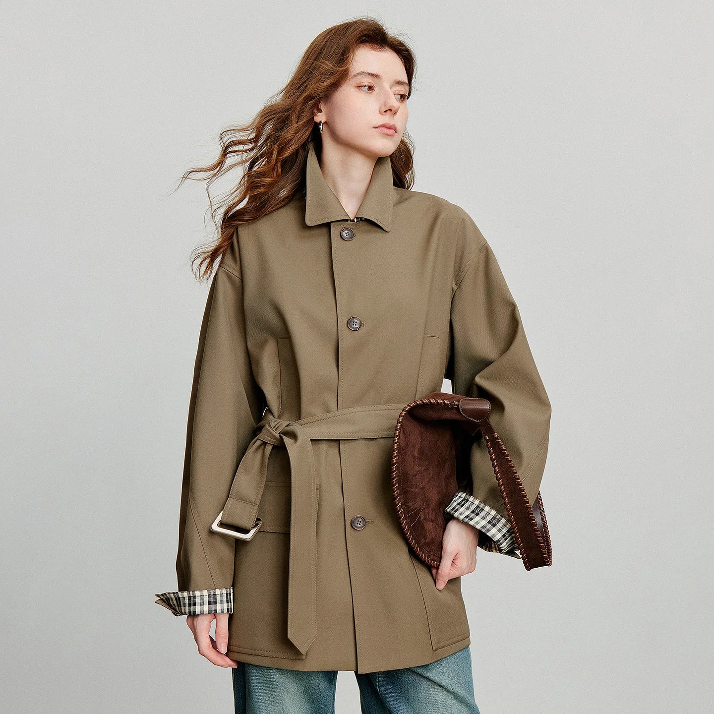 TOYOUTH Women Trench Coat 2025 Autumn New Barn Style Plaid Splicing Long Sleeve Streetwear Mid Length Jacket With Waist Belt