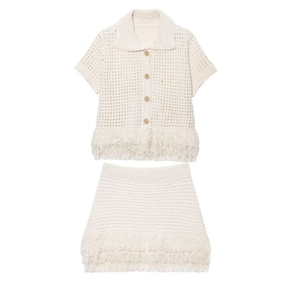 Elegant Knitted Tassel Suit - Chic Turndown Collar