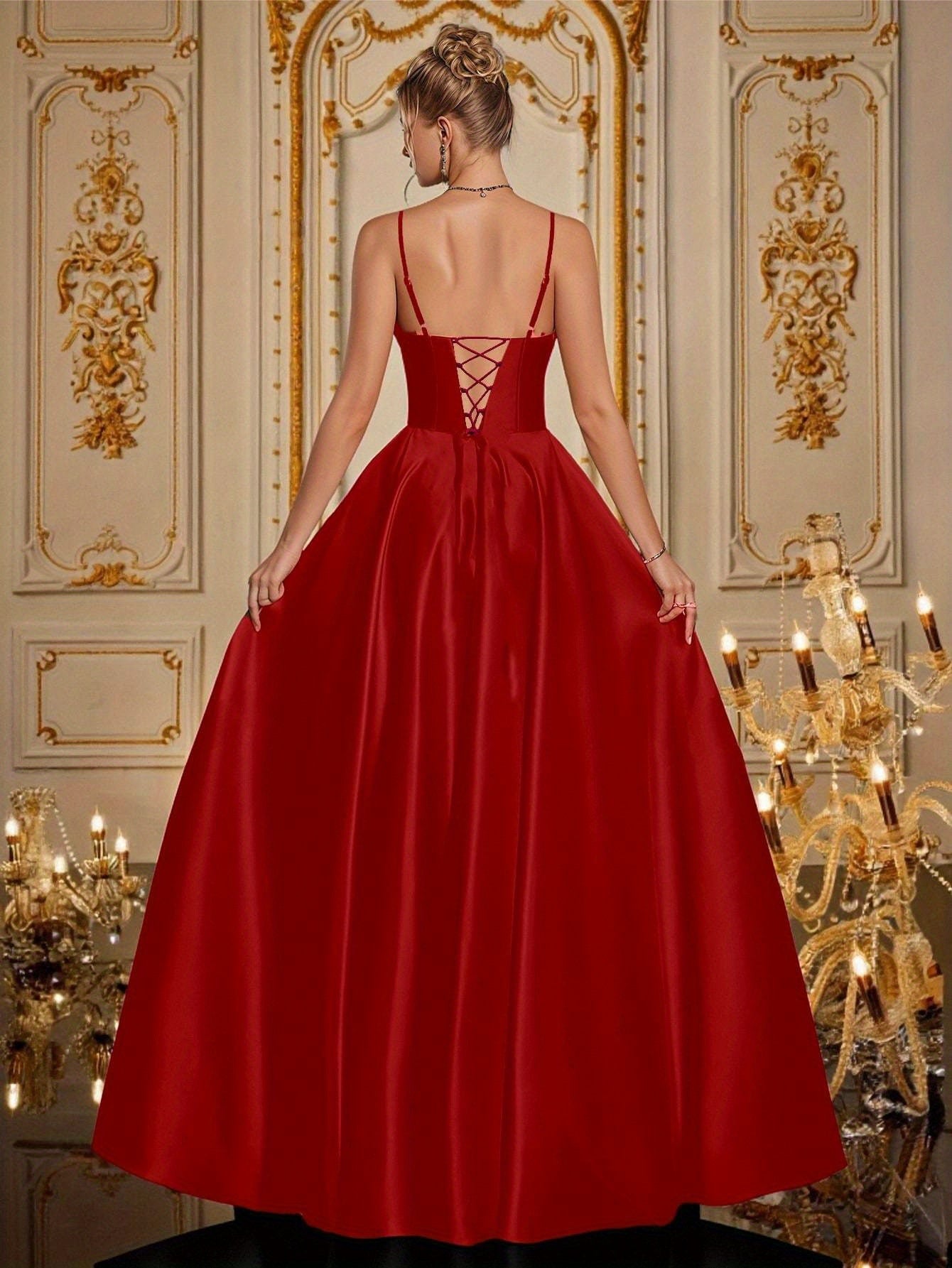 French Backless Spaghetti Strap Evening Dress – Sweetheart Elegance