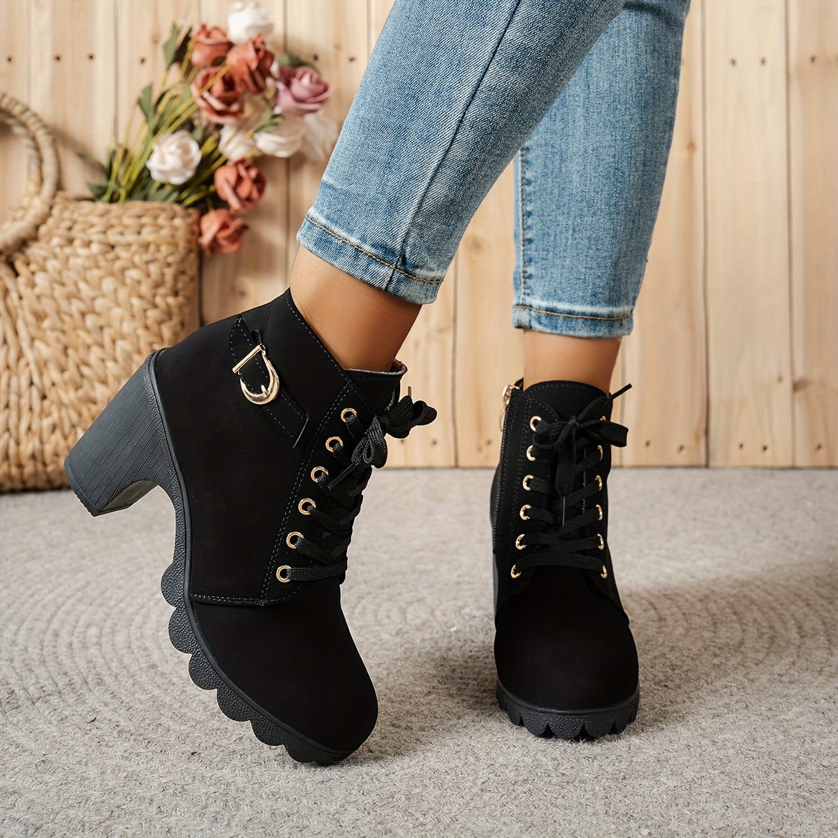 Women's Chunky Platform Ankle Boots - Side Zipper & Lace-Up Closure, Round Toe Boots with Non-Slip Rubber Sole - All-Season Cushioned Interior - Synthetic Cover Shoes in Black, Brown, Navy Green, Burgundy, Blue, Grey - for Casual, Formal, Everyday