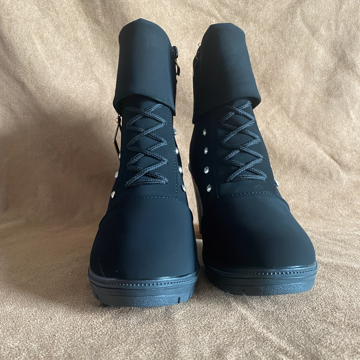 Women'S Black Faux Cover Ankle Boots with Chunky Platform Heel, Golden-Tone Buckle & Chain Accents, Round Toe & Zipper Closure - All-Season Casual Boots, High Heel Boots, Stylish Footwear, Durable Rubber Sole