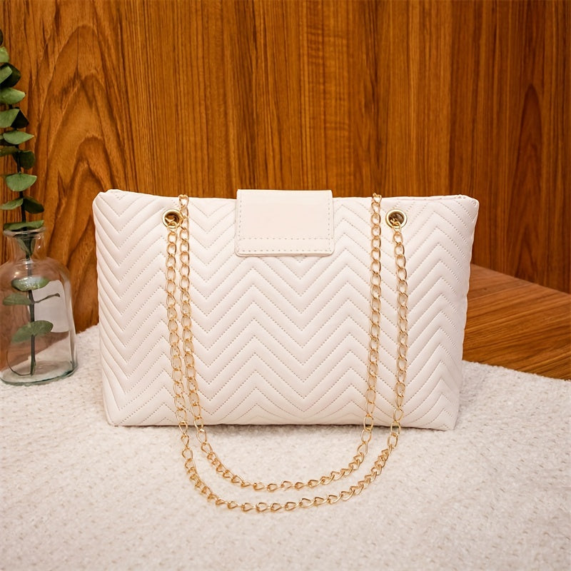 Lightweight PU Elegant White Shoulder Bag with Quilted Pattern, Detachable Chain Strap, Magnetic Closure, Polyester Lined, Hand Washable - Versatile Daily Carry Cosmetic Bag