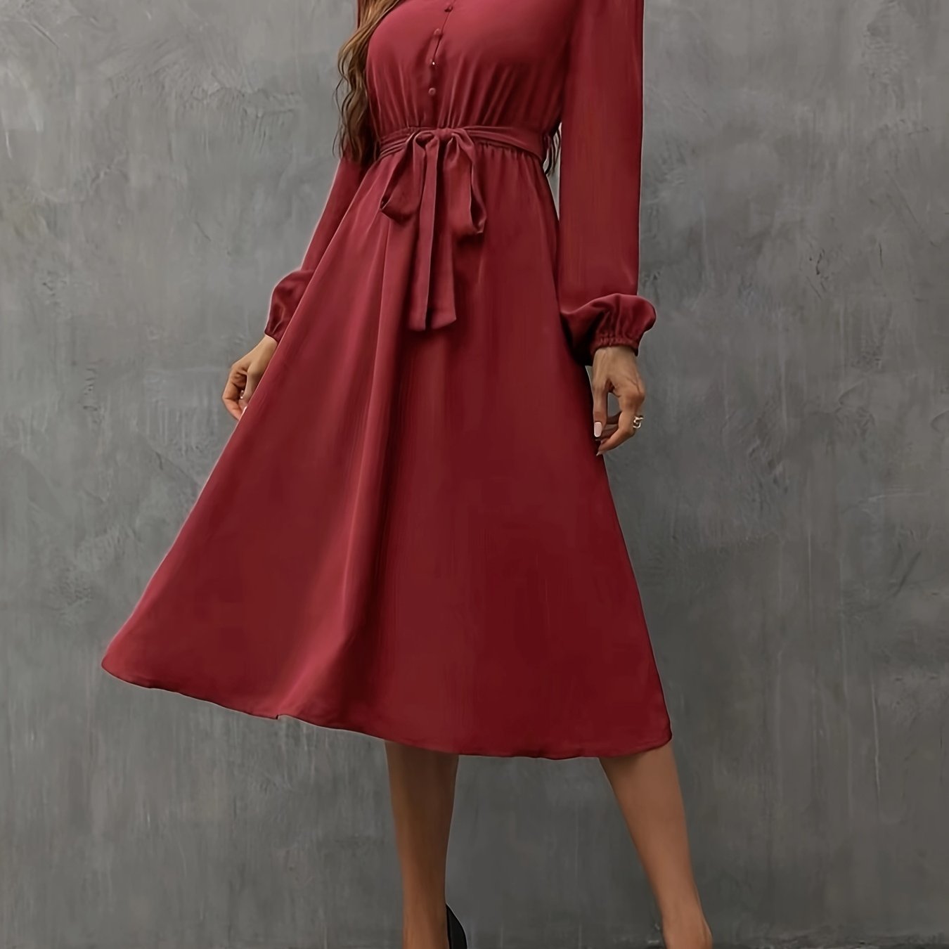 Elegant Burgundy V-Neck Dress with Ruffled Sleeves