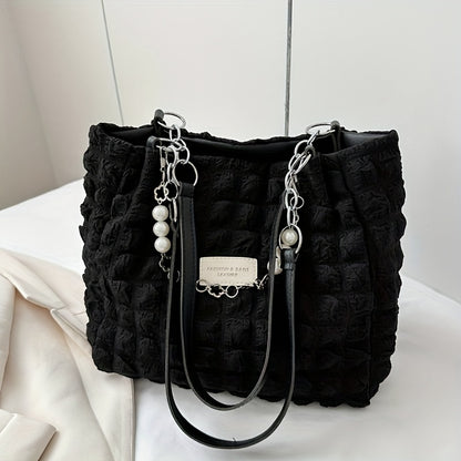 1pc Summer Sweet Clouds Tote Bag for Women - Large Capacity Shoulder Bag with Zipper Closure, Polyester Lining, 4 Colors (White/Pink/Green/Black), City Theme Design, Perfect for Commuting & Outings