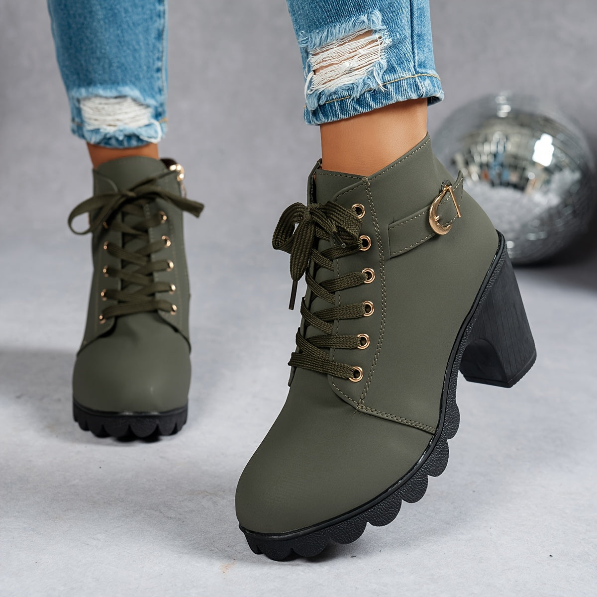 Women's Olive Green High-Heel Platform Ankle Boots - Thick Rubber Sole, Round Toe & Zipper Closure, All-Season Versatile Casual to Semi-Formal, Easy On/Off Faux Cover Booties, Ankle Boots For Women, Womens Ankle Boots, Fall Boots For Women, Boots For Women Elegant Classy, Women Ankle Boots, Bottes Femme, Boots For Women Ankle, Boots Women, Ankle Boots For Women Elegant Classy