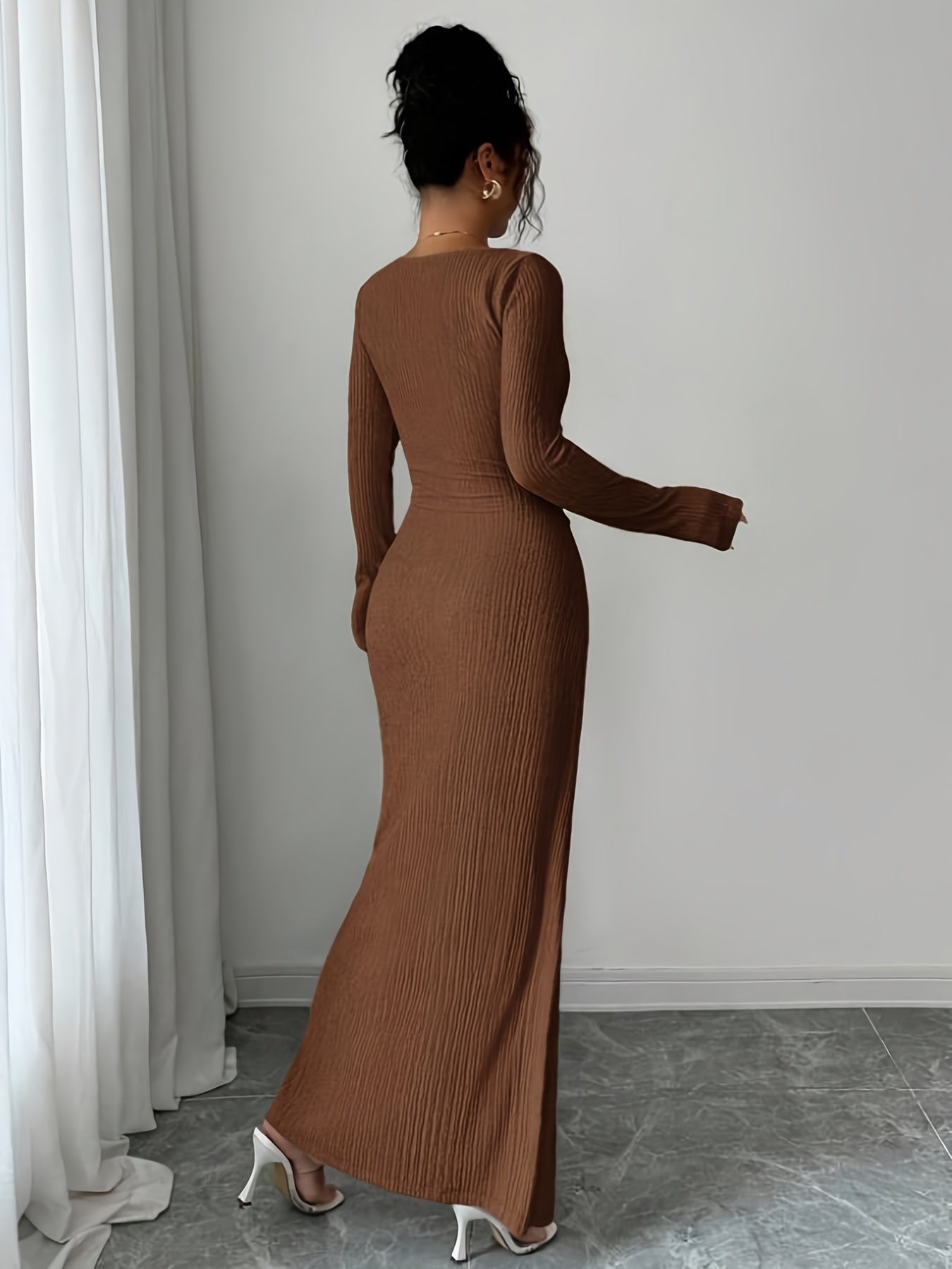 Women's Elegant Long Sleeve Mermaid Dress with Asymmetrical Neckline & Slit - Long Train Maxi Length, High-Low Hem, Brown (Formal Wedding Guest/Bridesmaid Gown) - Machine Washable Stretch -like Party Wedding Dress