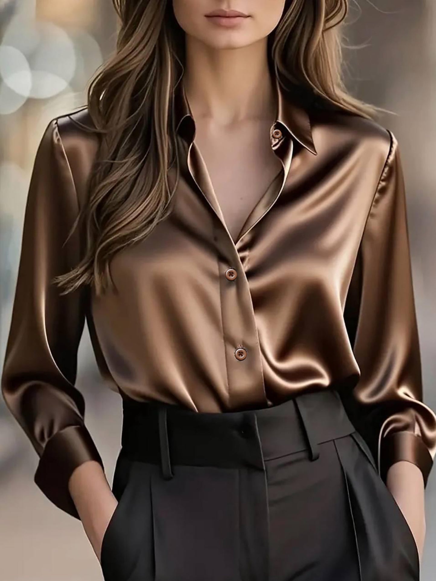 Women'S Elegant Satin Shirt - Long Sleeve Blouse with V-Neck, Button-Front Closure, Office to Party Tops - Soft Satin-like Fabric for Women - Spring/Fall Wardrobe