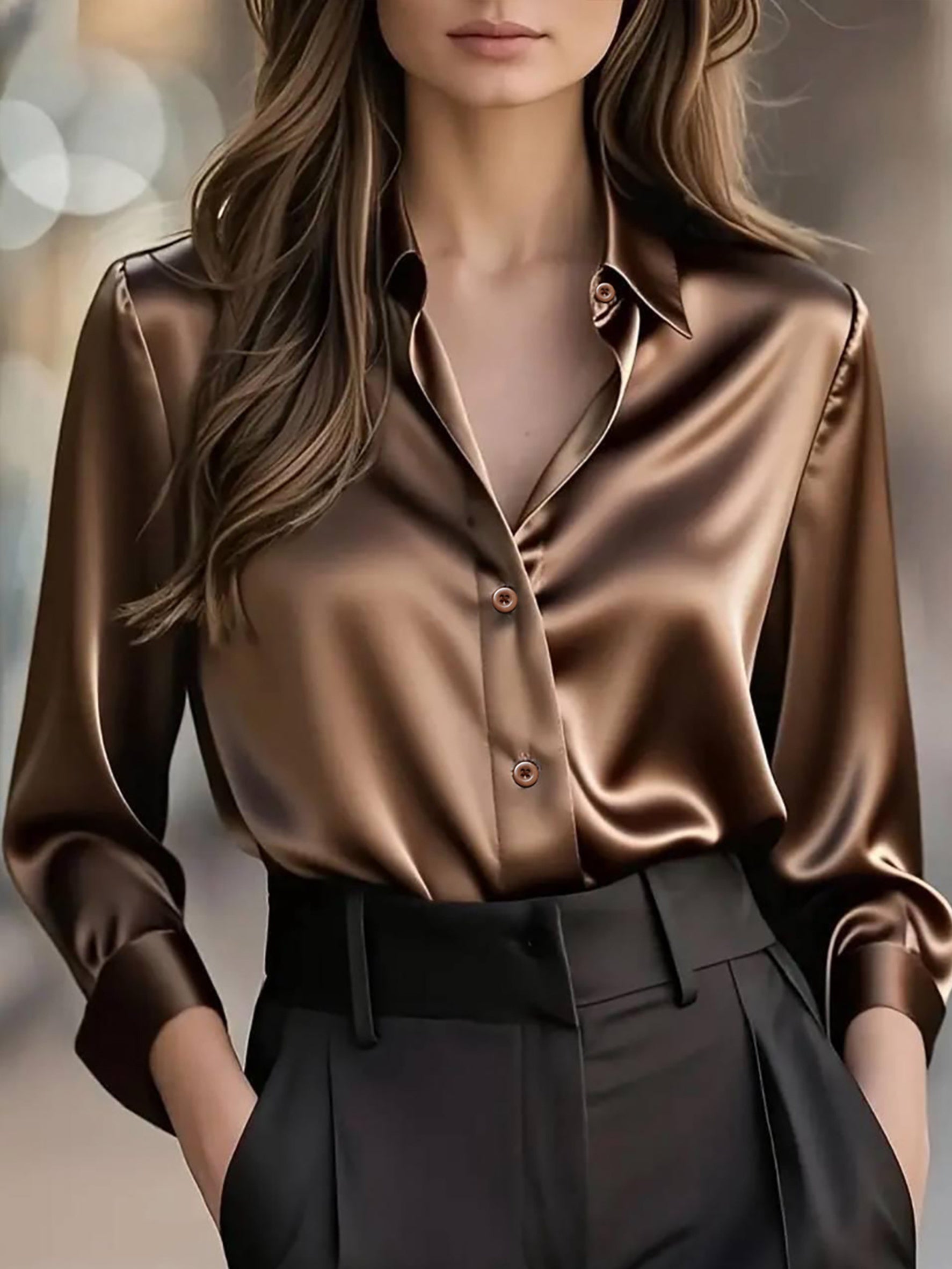Women'S Elegant Satin Shirt - Long Sleeve Blouse with V-Neck, Button-Front Closure, Office to Party Tops - Soft Satin-like Fabric for Women - Spring/Fall Wardrobe