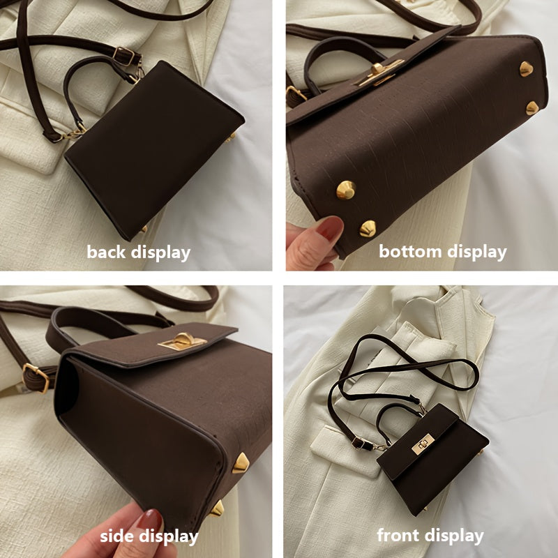 Women'S Elegant Retro Handbag & Crossbody Bag - Glossy / Brown/ Golden-Tone -like Texture, Golden-Tone Hardware & Turn-Lock Closure, Compact Mini Purse For Everyday, Purse, Crossbody Purse For Women, Handbag For Women, Designer Handbag For Women