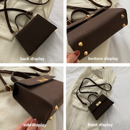 Women'S Elegant Retro Handbag & Crossbody Bag - Glossy / Brown/ Golden-Tone -like Texture, Golden-Tone Hardware & Turn-Lock Closure, Compact Mini Purse For Everyday, Purse, Crossbody Purse For Women, Handbag For Women, Designer Handbag For Women