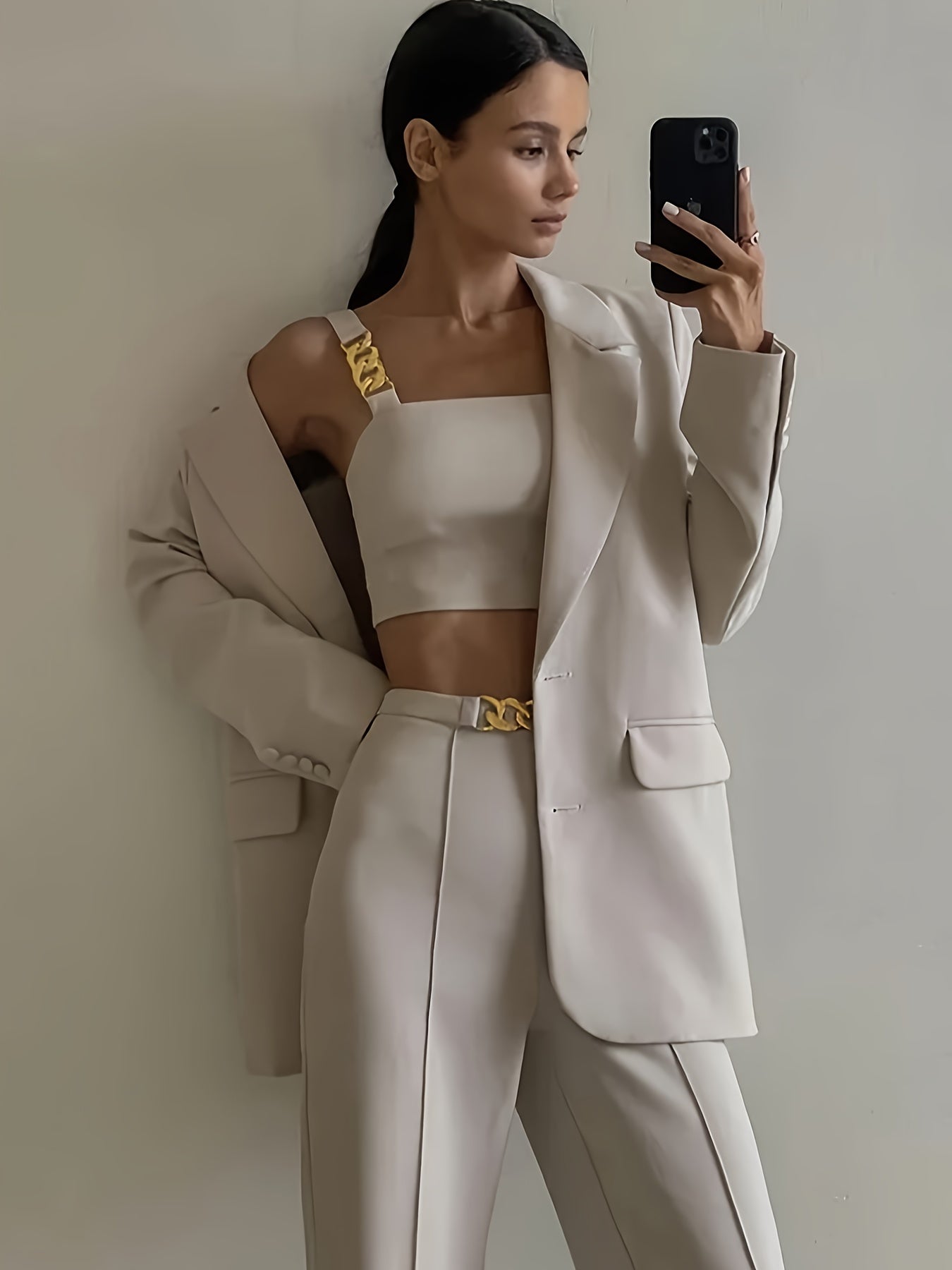 Women'S Elegant Black Two-Piece Wear Set - Crop Top with Golden Chain Straps & High-Waisted Pants, Urban Style, All-Season Comfort, Wear|Chain Accent Top|Comfortable Fit