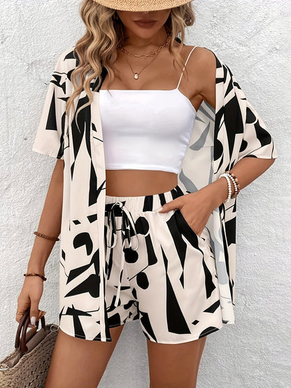Women'S Casual Printed Shorts Set, Short Sleeve Open Front Shirt and Tie Waist Shorts, Women'S Clothing