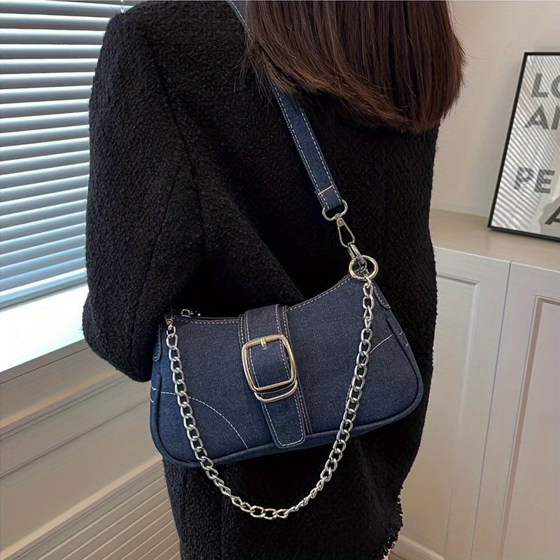 Women'S Denim Shoulder Bag with Chain Strap - Stylish Blue Crossbody Bag, Zipper Closure, Polyester Lining, Perfect for Casual or Fashionable Outfits, Casual Shoulder Bag | Denim Crossbody Bag | Zipper Closure Bag