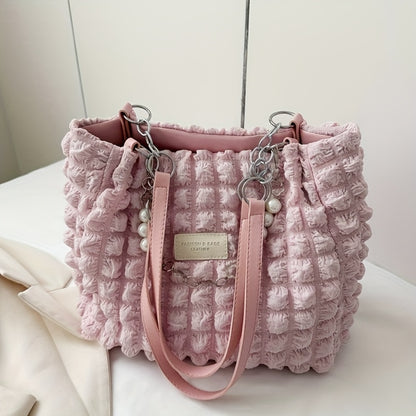 1pc Summer Sweet Clouds Tote Bag for Women - Large Capacity Shoulder Bag with Zipper Closure, Polyester Lining, 4 Colors (White/Pink/Green/Black), City Theme Design, Perfect for Commuting & Outings