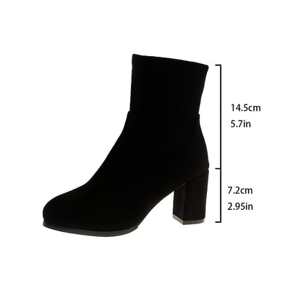 Women'S Chunky Heel Ankle Boots with Side Zipper - Pointed Toe Thick Heel Fabric Upper & Rubber Sole, Solid Color Versatile Booties for Casual & Formal Outfits, Easy On/Off Comfortable High Heel Boots, Formal Footwear, Sleek Boot Design, Durable Traction Footwear, Office Wear, Quality Construction, Stylish Ladies