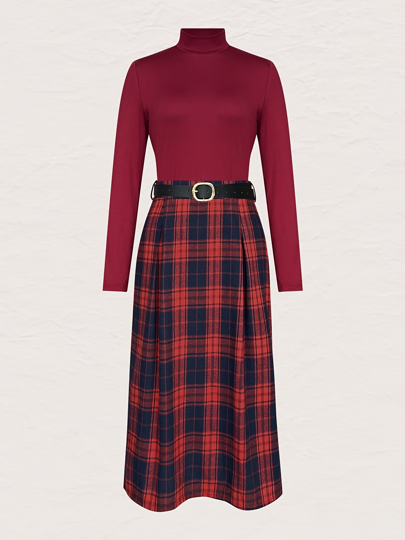 Elegant Warm Solid Color Stand Collar Slim Fit Long Sleeve Top and Plaid Print Slit Zipper Skirt with Belt Two-Piece Set for Women YT