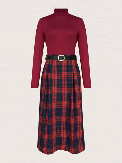 Elegant Warm Solid Color Stand Collar Slim Fit Long Sleeve Top and Plaid Print Slit Zipper Skirt with Belt Two-Piece Set for Women YT