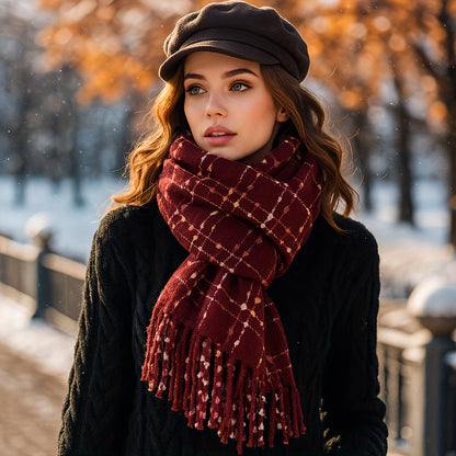 1 Peça Cachecol de Inverno para Mulheres com Forro de Fleece - Xale Grosso Xadrez com Franjas, Tassel Marrom e Bordô, Colar Macio e Quente para Clima Frio, Presente de Natal (Não Elástico, Estilo Europeu) - Bordô/Marrom/Branco