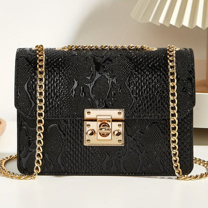 Vintage Women's Crossbody Bag - Black Synthetic Leather with Golden-Tone Chain Strap, Crocodile Texture Design, Detachable Shoulder Purse, Elegant Evening Clutch for Formal Occasions, Purse Crossbody
