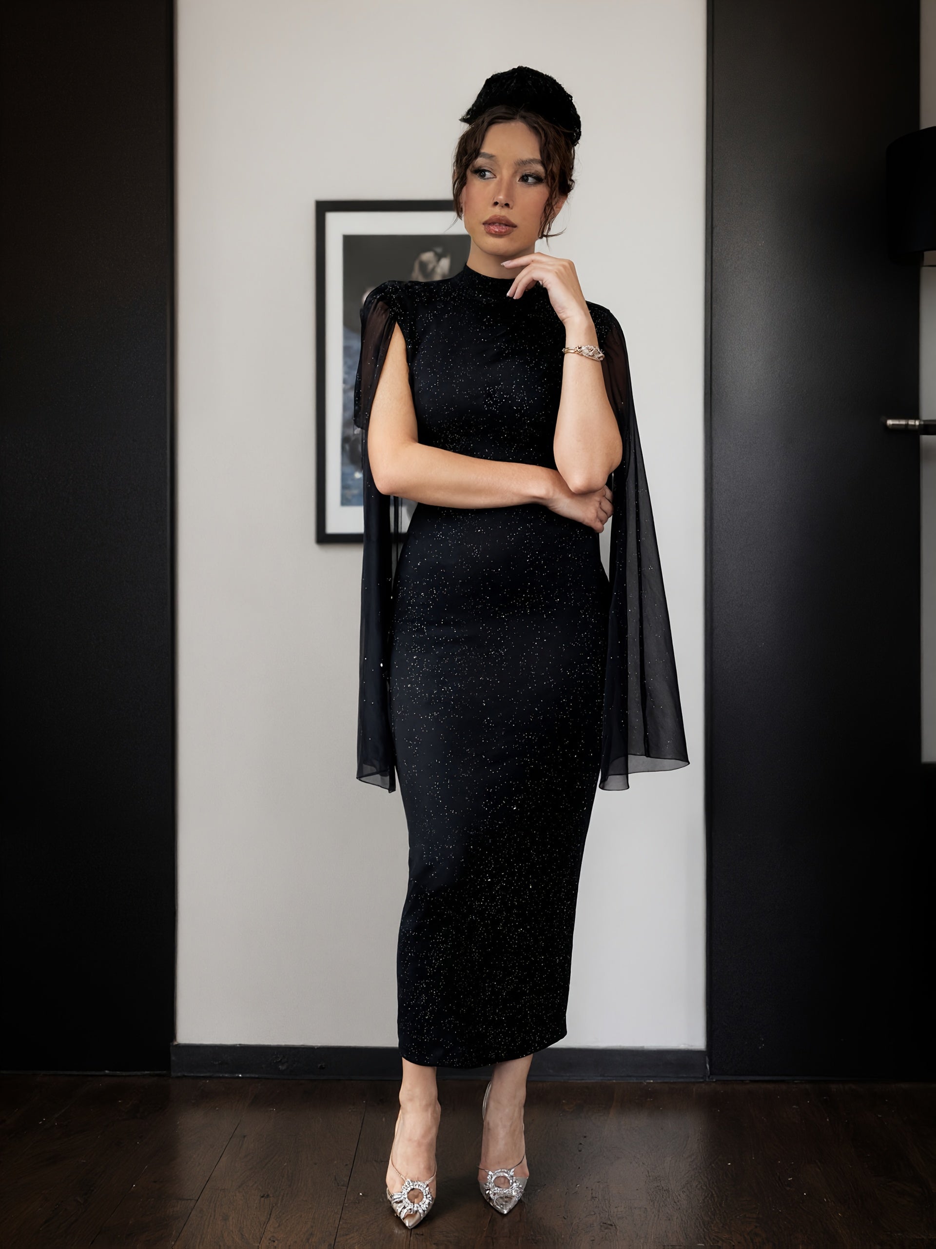 Vestido Justo de Lantejoulas Elegante e Brilhante de Decote Alto para Mulher com Mangas Balão - Vestido de Noite Formal Longo e Brilhante para Festa, Silhueta H-Line Slim Fit