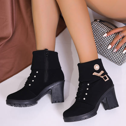 Women'S Black Faux Cover Ankle Boots with Chunky Platform Heel, Golden-Tone Buckle & Chain Accents, Round Toe & Zipper Closure - All-Season Casual Boots, High Heel Boots, Stylish Footwear, Durable Rubber Sole