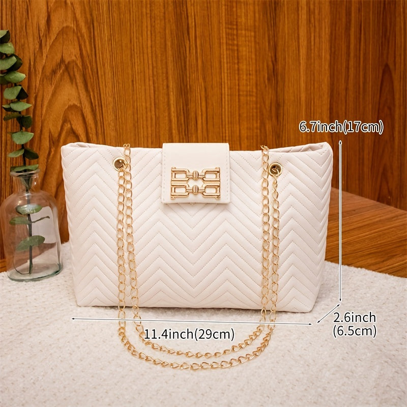 Lightweight PU Elegant White Shoulder Bag with Quilted Pattern, Detachable Chain Strap, Magnetic Closure, Polyester Lined, Hand Washable - Versatile Daily Carry Cosmetic Bag