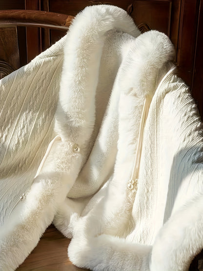 Capa de veludo elegante para mulheres - Casaco de inverno quente de pele sintética com capuz ajustável, mangas compridas e bolsos frontais para moda outono/inverno, roupa exterior aconchegante, moda aconchegante, estilo sofisticado, textura suave