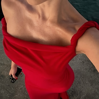 Elegant Red Off-Shoulder Maxi Dress - Perfect for Summer