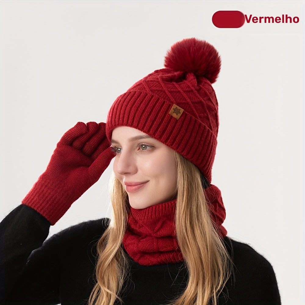 Conjunto de 3 peças para adolescentes: gorro, luvas e cachecol tricotados de inverno, proteção contra vento, touca sem aba, lenço quente, luvas touchscreen - ideal para encontros ao ar livre, festas e presentes de Natal