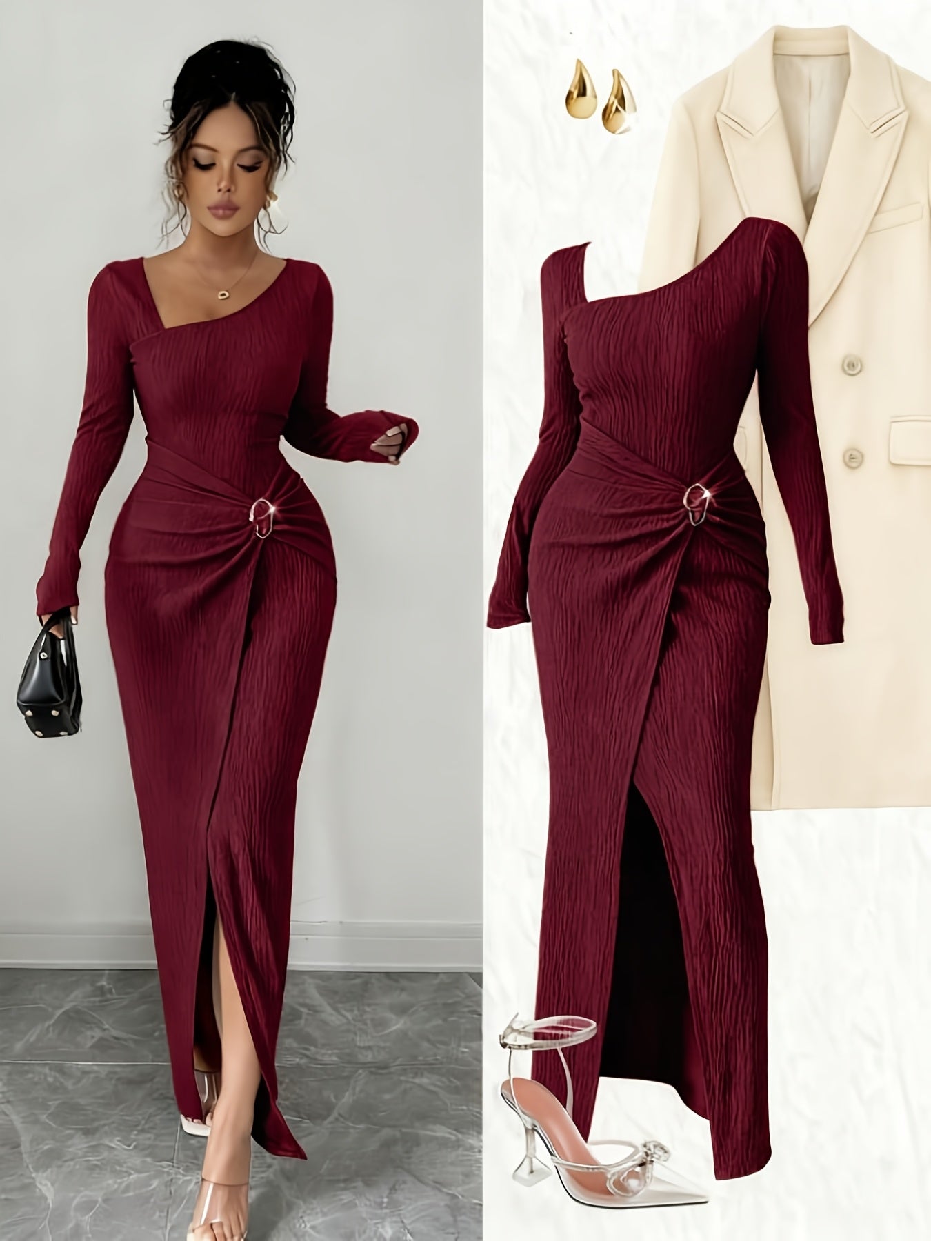 Women's Elegant Long Sleeve Mermaid Dress with Asymmetrical Neckline & Slit - Long Train Maxi Length, High-Low Hem, Brown (Formal Wedding Guest/Bridesmaid Gown) - Machine Washable Stretch -like Party Wedding Dress