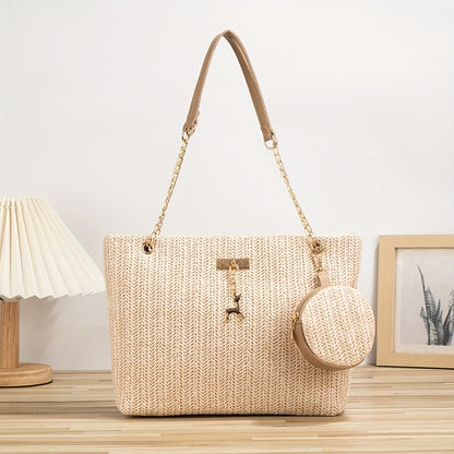 Fashionable Mini Straw Tote Bag for The Beach, Chain Shoulder Bag, Small Handbag, Paired with a Coin Purse. Suitable for Girls, Women, Students, Shopping, Travel, Vacations, Beaches, And Holidays.