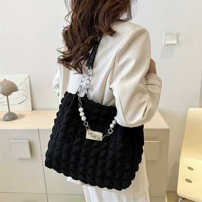 1pc Summer Sweet Clouds Tote Bag for Women - Large Capacity Shoulder Bag with Zipper Closure, Polyester Lining, 4 Colors (White/Pink/Green/Black), City Theme Design, Perfect for Commuting & Outings