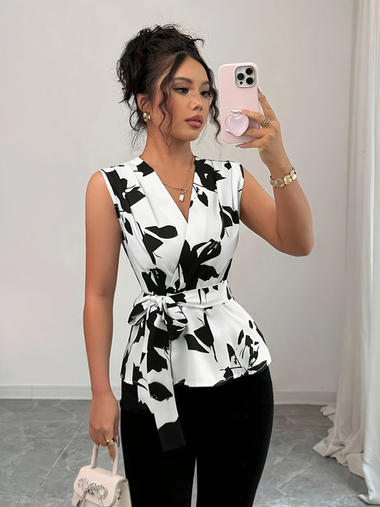 Women'S Elegant V-Neck Blouse with Black & White Leaf Print - Sleeveless, Button-Up Shirt with Tie Waist, Perfect for Casual or Stylish Outfits, Casual Chic Wear | Vneck Blouse | Stylish Buttonup, Elegant Blouse For Women, Pretty Blouse For Women, Peplum Top For Women, Bell-shaped Blouse From Waist, Green Elegant Blouse For Women, Crossed Blouse For Women