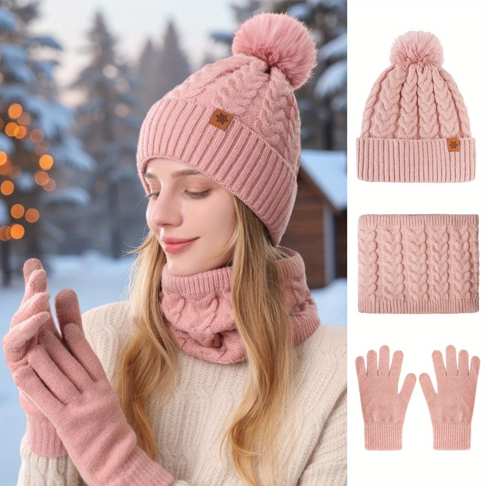 Conjunto de Inverno Quente para Adulto 3 peças - Chapéu, Cachecol & Luvas, Roupa 3-em-1 Espessa Resistente ao Frio e Moderna para Deslocações Diárias, Compras & Atividades ao Ar Livre, Design Ajustado de Cor Sólida com Tema de Natal, Lavar à Mão, Roupa com Tema de Natal