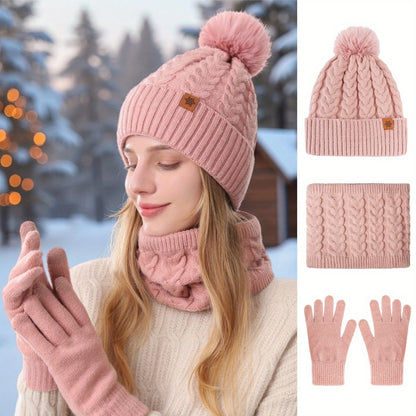 Conjunto de Inverno Quente para Adulto 3 peças - Chapéu, Cachecol & Luvas, Roupa 3-em-1 Espessa Resistente ao Frio e Moderna para Deslocações Diárias, Compras & Atividades ao Ar Livre, Design Ajustado de Cor Sólida com Tema de Natal, Lavar à Mão, Roupa com Tema de Natal