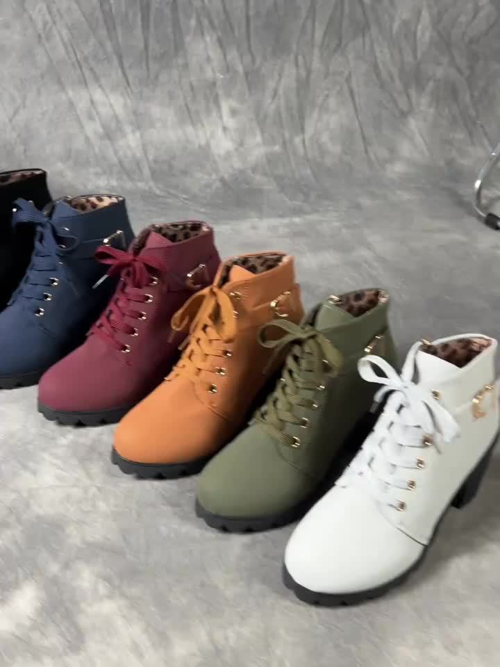 Women'S Chunky Heel Ankle Boots - Casual Lace-Up with Side Zipper, Round Toe PU Cover Boots in Black, Brown, Olive Green, and Burgundy, Comfortable Fabric Lining for All-Season Wear, Versatile Footwear | Chunky Heel Boots | Durable PU Cover