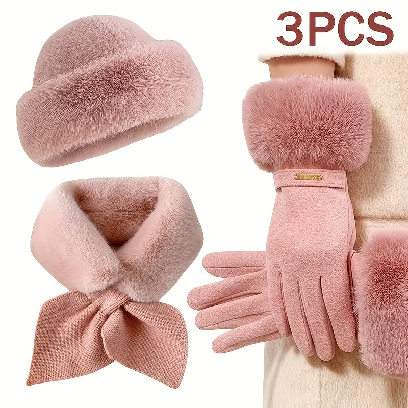 Conjunto de acessórios de inverno para mulheres, 3 peças, luvas de fleece espessas, lenço e chapéu, adequado para o tempo frio e atividades ao ar livre, para todas as estações, leve, ajustado, fecho de fivela, tecido, apenas lavagem à mão, acessórios de inverno | Luvas de fleece | Chapéu de fleece, roupas de inverno