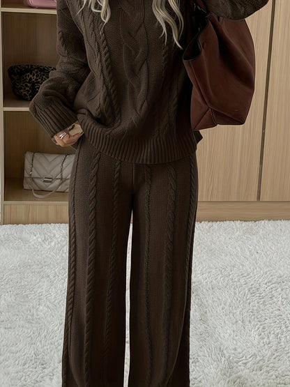 Women'S Casual Long Sleeve Crew Neck Top and Solid Color Pants Set - Cozy Fall/Winter Outfit, Brown, Perfect for Casual Attire, Casual Attire, |crew Neck Top|solid Color Pants, Ladies Tops And Pants Sets