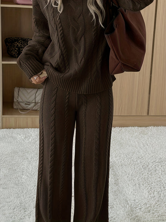 Women'S Casual Long Sleeve Crew Neck Top and Solid Color Pants Set - Cozy Fall/Winter Outfit, Brown, Perfect for Casual Attire, Casual Attire, |crew Neck Top|solid Color Pants, Ladies Tops And Pants Sets