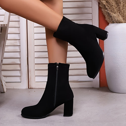 Women'S Chunky Heel Ankle Boots with Side Zipper - Pointed Toe Thick Heel Fabric Upper & Rubber Sole, Solid Color Versatile Booties for Casual & Formal Outfits, Easy On/Off Comfortable High Heel Boots, Formal Footwear, Sleek Boot Design, Durable Traction Footwear, Office Wear, Quality Construction, Stylish Ladies