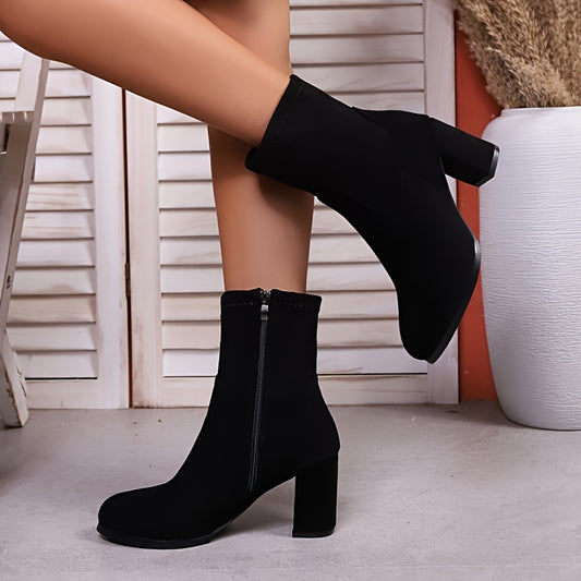 Women'S Chunky Heel Ankle Boots with Side Zipper - Pointed Toe Thick Heel Fabric Upper & Rubber Sole, Solid Color Versatile Booties for Casual & Formal Outfits, Easy On/Off Comfortable High Heel Boots, Formal Footwear, Sleek Boot Design, Durable Traction Footwear, Office Wear, Quality Construction, Stylish Ladies
