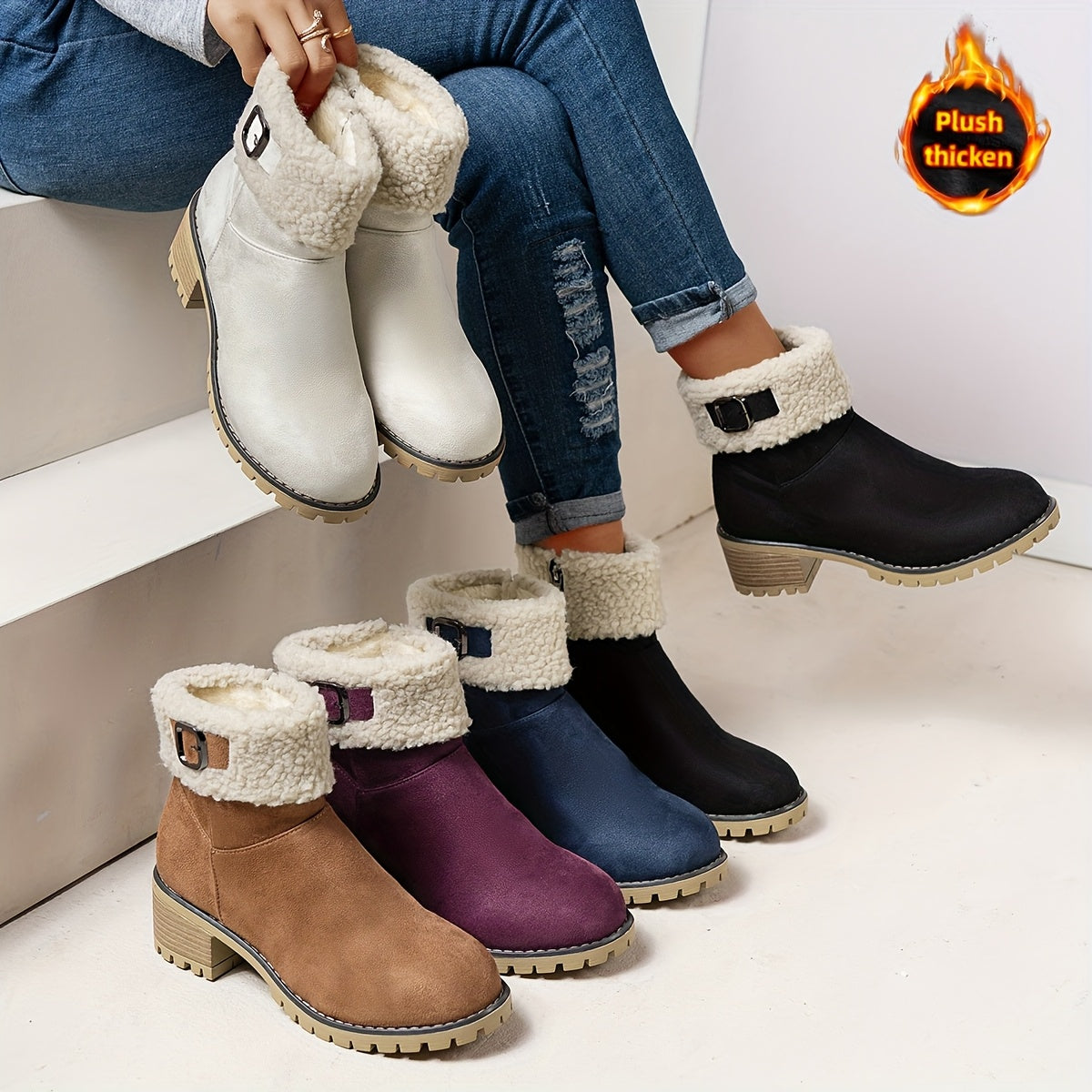 MZMQS Women'S Cozy Fleece-Lined Chunky Heel Ankle Boots - Round Toe Zipper Closure, Thick Warm Winter Boots with Thick Sole for Casual Outings, Brown, Winter Footwear | Chunky Heel Boots | Zipper Closure Boots