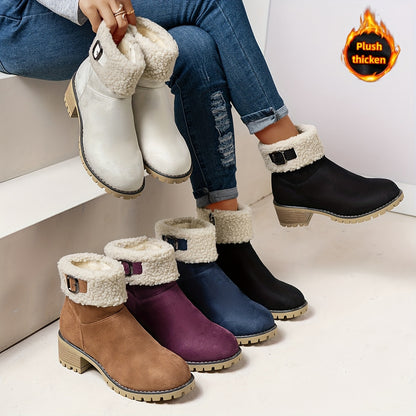 MZMQS Women'S Cozy Fleece-Lined Chunky Heel Ankle Boots - Round Toe Zipper Closure, Thick Warm Winter Boots with Thick Sole for Casual Outings, Brown, Winter Footwear | Chunky Heel Boots | Zipper Closure Boots