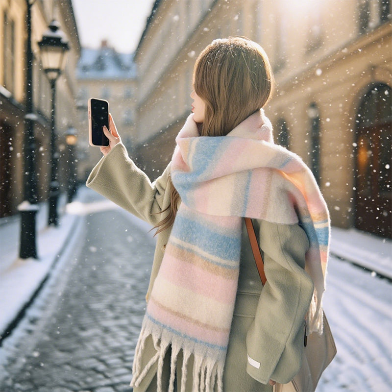 Cachecol Feminino de Inverno Estilo Bohemio com Franja - Xale Grosso à Prova de Vento em Listras Bege/Marrom/Rosa, Ideal para Clima Frio ao Ar Livre, Xale Macio e Quente de Poliéster para Jaquetas e Casacos, Acessório Boho Lavável à Mão