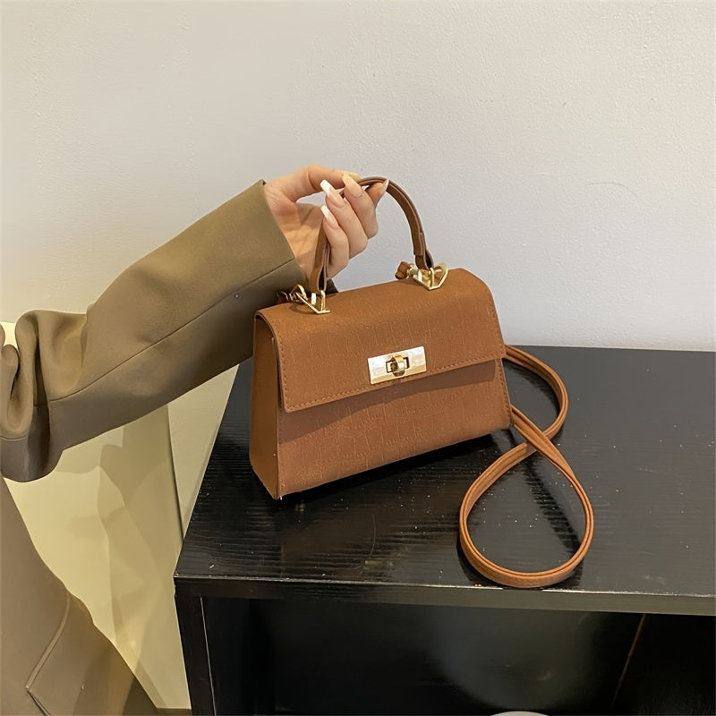 Women'S Elegant Retro Handbag & Crossbody Bag - Glossy / Brown/ Golden-Tone -like Texture, Golden-Tone Hardware & Turn-Lock Closure, Compact Mini Purse For Everyday, Purse, Crossbody Purse For Women, Handbag For Women, Designer Handbag For Women