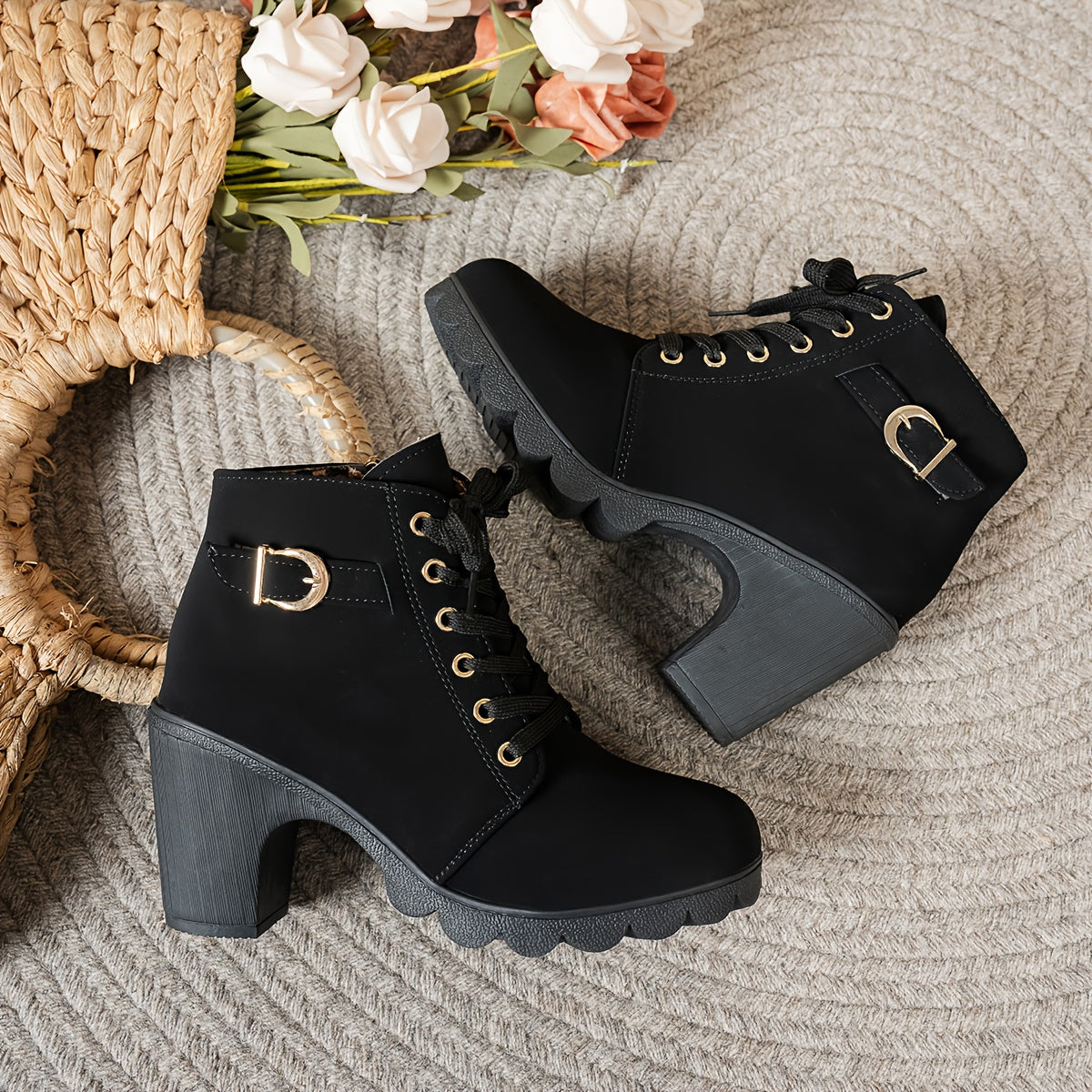 Women's Chunky Platform Ankle Boots - Side Zipper & Lace-Up Closure, Round Toe Boots with Non-Slip Rubber Sole - All-Season Cushioned Interior - Synthetic Cover Shoes in Black, Brown, Navy Green, Burgundy, Blue, Grey - for Casual, Formal, Everyday