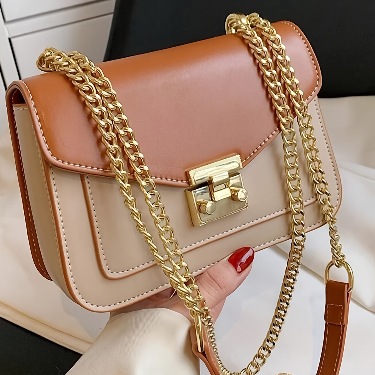 Women'S Mini Turnlock Square Handbag with Golden-Tone Chain Strap - Elegant Beige & Brown Synthetic Mini Crossbody Bag, Golden-Tone Hardware & Turnlock Closure