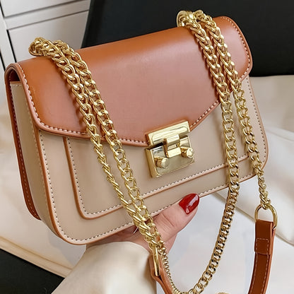 Women'S Mini Turnlock Square Handbag with Golden-Tone Chain Strap - Elegant Beige & Brown Synthetic Mini Crossbody Bag, Golden-Tone Hardware & Turnlock Closure