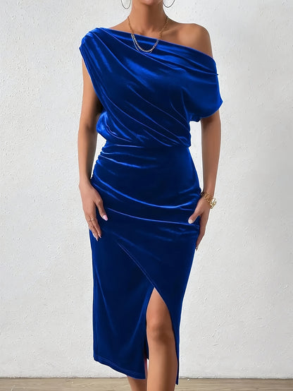 Elegant Royal Blue Velvet One-Shoulder Dress with Side Slit & Ruched Detailing - Machine Washable Fitted Evening Gown for Women, Year-Round Formal Events & Special Occasions, Luxurious Texture, Party Wear, Highquality Material, Adult Clothing