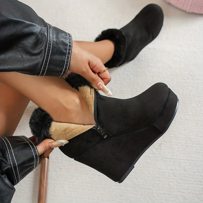 Women'S Winter Ankle Boots with Plush Lining - Cozy Fleece-Lined Round Toe Mid-Heel Zipper Closure, Soft Fabric Upper & Rubber Sole